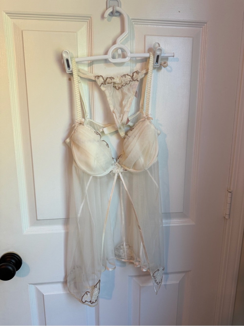 Victoria's Secret Sheer Ivory Chemise with Embroidered Trim and Thing Set